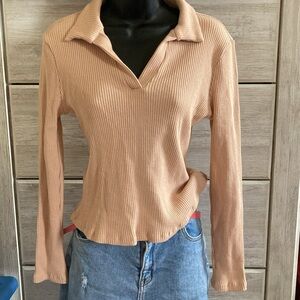 NEW Dry Goods Lush Fitted Ribbed Polo Collar Top Long Sleeve Nude Beige Size M